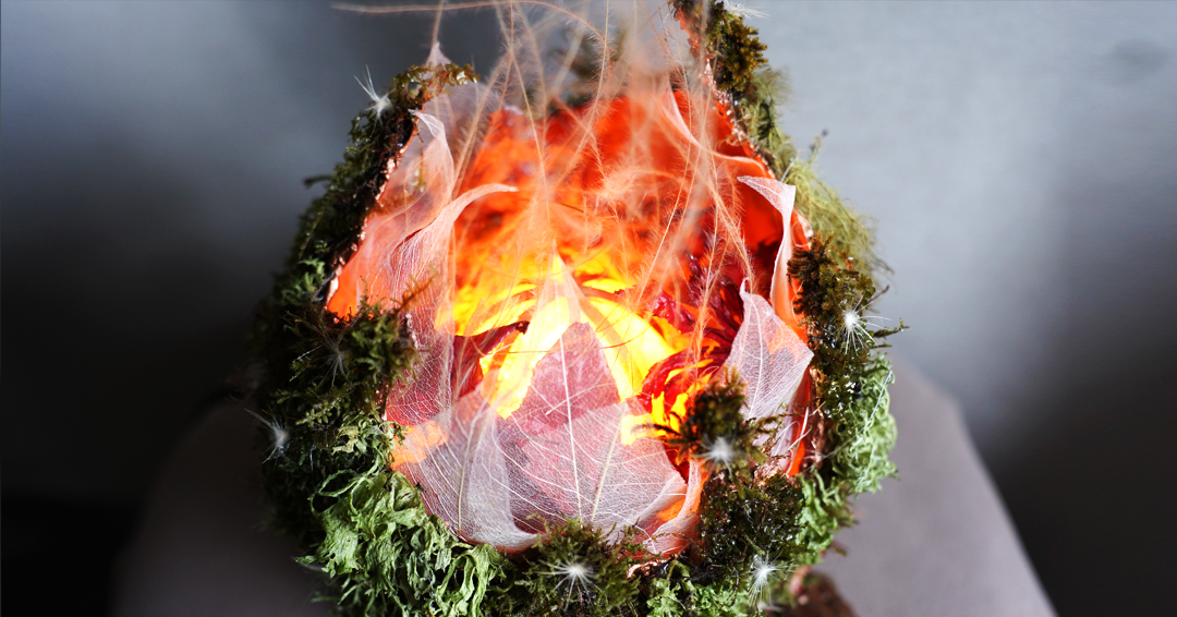 Detail of leaf skeleton structure in The Seed lighting decor