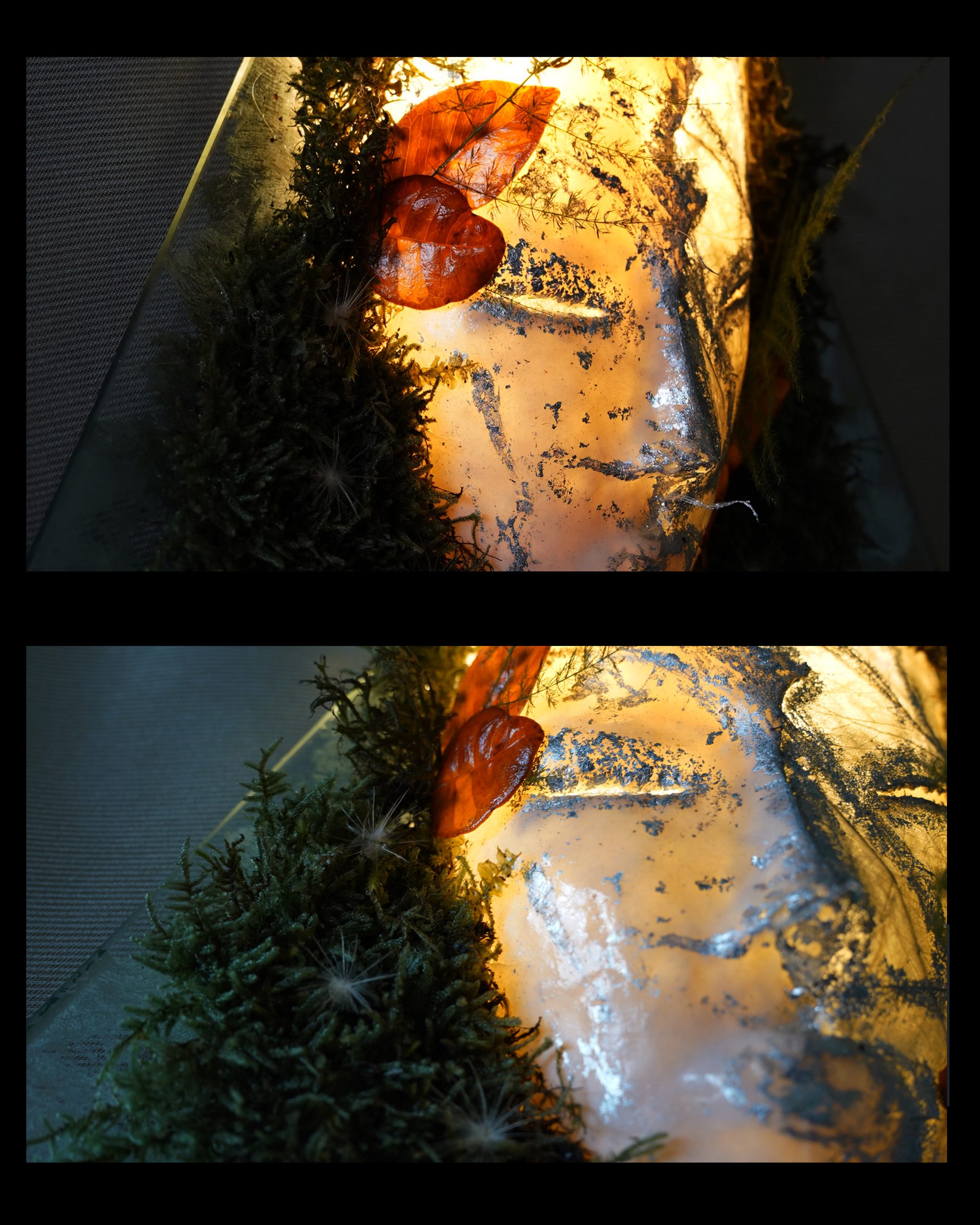 Handmade Gemini light sculpture with natural materials.